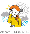 Low pressure and rain clouds Illustration of a woman suffering from a headache 143686109