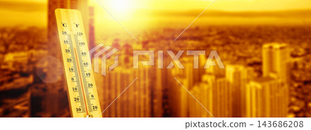 Wooden thermometer showing high temperatures against a warm, sunny cityscape background, representing heatwave and global warming concept. Wooden thermometer showing high temperatures against a warm, sunny cityscape background, representing heatwave and global warming concept. 143686208