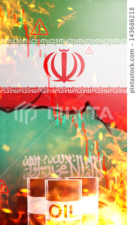 Conceptual illustration about the Iran oil market crisis, featuring the Iranian flag, oil barrels, and financial stock market charts amidst fire and warning signs. 143686218