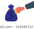 hand steals a gold coin from a torn money bag with dollar symbol 143686332