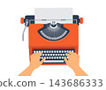 hands typing on an orange typewriter with blank paper sheet illustration 143686333