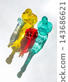 Overhead Still Life of Colorful Glass Bottles and Red Pomegranate 143686621