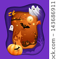 Happy Halloween, Paper cut concept design elements, Greeting card poster purple and orange background 143686911
