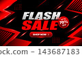 Flash sale banner with red black graphics, bold typography, discount badge, shop button, glowing streaks, angular arrows, and dynamic ecommerce promotion for special offers. 143687183