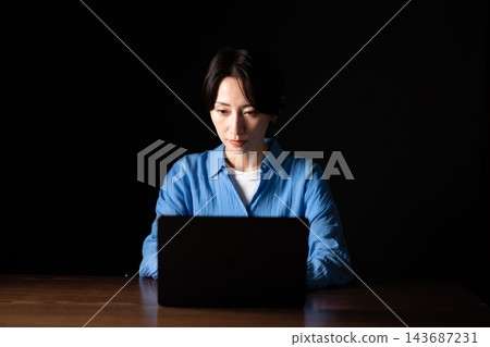 一個女人在個人電腦前遇到麻煩 143687231