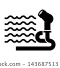 Black and white icon of a pipe spraying liquid waves, symbolizing water flow, cleaning, or fluid dynamics in a minimalist style 143687513