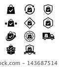 Shopping Bag Icon Set With Checkmark, Delivery Truck, Box, Shield, Return Loop, Stars, And Hexagon Frame Symbols 143687514