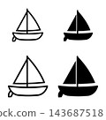 Set of Sailboat Icons in Black and White Styles, Simple Outline and Filled Silhouette Designs for Nautical Themes 143687518