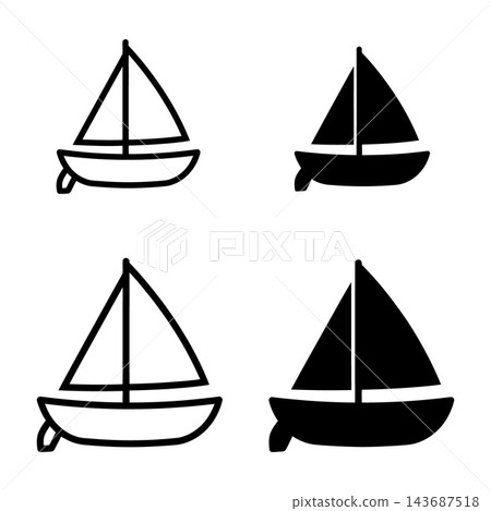 Set of Sailboat Icons in Black and White Styles, Simple Outline and Filled Silhouette Designs for Nautical Themes 143687518