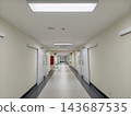 Empty modern hospital corridor with white sliding doors and bright ceiling lighting 143687535