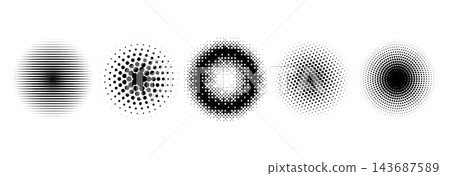 Halftone bitmap circle shape collection. Black round gradient pattern set. Pixelated radial texture frame pack. Fading comic pop art elements. Vector circular raster dotted spots for poster, collage Halftone bitmap circle shape collection. Black round gradient pattern set. Pixelated radial texture frame pack. Fading comic pop art elements. Vector circular raster dotted spots for poster, collage 143687589