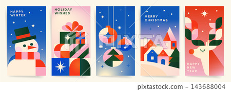 Happy Winter and Holiday Wishes vertical story templates with snowman in top hat, gift stack, hanging ornaments, village and reindeer. Gradient geometric vector illustrations 143688004