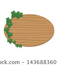 An oval wooden plate frame illustration with ivy leaves intertwined along the edge. 143688360