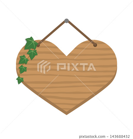 Illustration of a heart-shaped wooden hanging sign with ivy leaves suspended by string. Illustration of a heart-shaped wooden hanging sign with ivy leaves suspended by string. 143688432