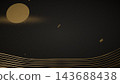 A luxurious Japanese-style background featuring gold maki-e style designs of the moon, flowing water, and gold leaf on a black lacquer background. 143688438
