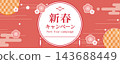 Japanese-style banner: Red and vermilion plum blossoms and a circular frame with a traditional Japanese pattern. Suitable for titles such as New Year's campaigns. 143688449