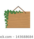 Rectangular wooden hanging sign frame illustration adorned with ivy leaves suspended by string. 143688684