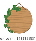 A round wooden hanging sign frame illustration with ivy leaves suspended by string decorating the edges. 143688685