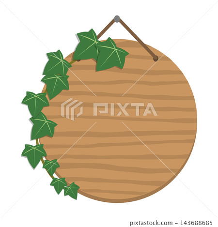 A round wooden hanging sign frame illustration with ivy leaves suspended by string decorating the edges. 143688685