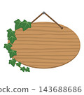 An illustration of an oval wooden hanging sign frame with ivy leaves suspended by string decorating the edges. 143688686