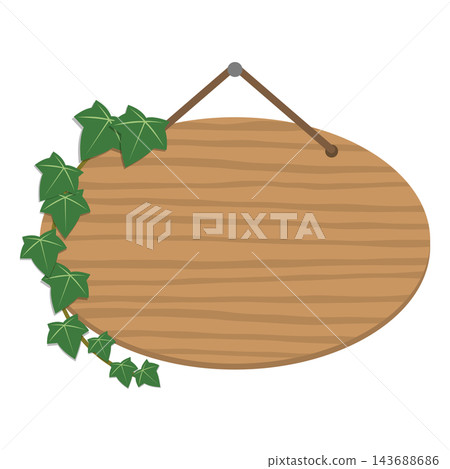 An illustration of an oval wooden hanging sign frame with ivy leaves suspended by string decorating the edges. 143688686