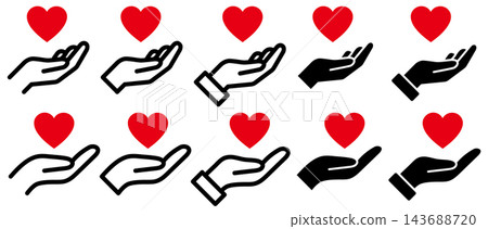 A hand with a red heart placed on it, line art and solid black background! A hand icon for care and support. A hand with a red heart placed on it, line art and solid black background! A hand icon for care and support. 143688720
