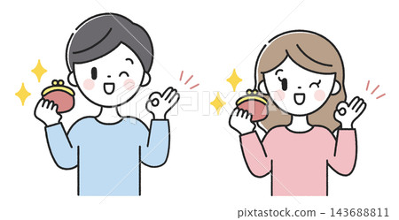 一男一女拿著錢包，比出「OK」手勢。 143688811