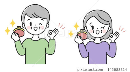一位老年男性和一位老年女性拿著錢包,比出「OK」手勢。 一位老年男性和一位老年女性拿著錢包,比出「OK」手勢。 143688814
