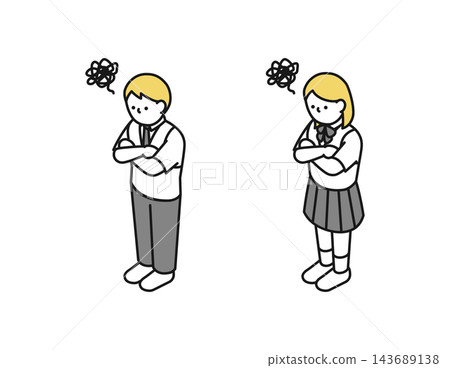 等距插圖:一位身著夏裝、正在沉思的高中男生和女生 等距插圖:一位身著夏裝、正在沉思的高中男生和女生 143689138
