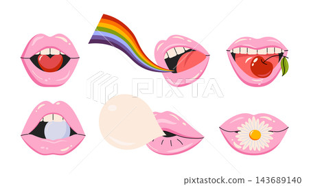 Pink lips illustrations with a heart, rainbow, cherry, pearl, gum, air kiss with daisy. Various lip expressions that mimic biting, kissing, smiling, chewing. Ideal for beauty, cosmetology, fashion. Pink lips illustrations with a heart, rainbow, cherry, pearl, gum, air kiss with daisy. Various lip expressions that mimic biting, kissing, smiling, chewing. Ideal for beauty, cosmetology, fashion. 143689140