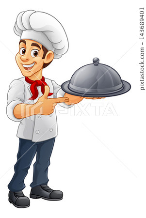 Chef Baker Cook Plate Cloche Cartoon Man Pointing Chef Baker Cook Plate Cloche Cartoon Man Pointing 143689401
