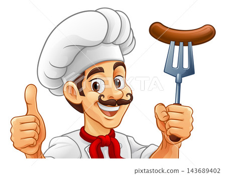Chef Hotdog Sausage Cook Menu Sign Cartoon Mascot Chef Hotdog Sausage Cook Menu Sign Cartoon Mascot 143689402