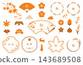 Autumn Japanese-style frame set: Autumn plants and seasonal motifs in orange and brown tones on a white background. 143689508