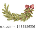 Watercolor Christmas half round arrangement with pine branch and red bow. Vintage winter arrangement shows holly berry and spruce cone. Botanical leaf art suits traditional holiday card decor. 143689556