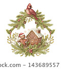 Watercolor christmas arrangement with red cardinal bird and gingerbread house. Vintage winter art shows cookie man in pine branch frame. Cute funny card design. Traditional graphic for holiday print. 143689557
