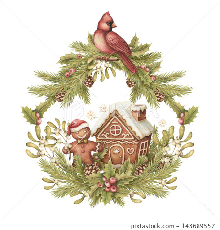 Watercolor christmas arrangement with red cardinal bird and gingerbread house. Vintage winter art shows cookie man in pine branch frame. Cute funny card design. Traditional graphic for holiday print. Watercolor christmas arrangement with red cardinal bird and gingerbread house. Vintage winter art shows cookie man in pine branch frame. Cute funny card design. Traditional graphic for holiday print. 143689557