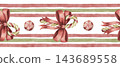 Watercolor christmas seamless border with red bow and peppermint candy cane. Vintage winter illustration shows striped candy and ribbon. Festive washi tape design. Traditional holiday print. 143689558