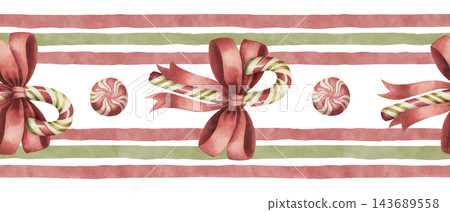 Watercolor christmas seamless border with red bow and peppermint candy cane. Vintage winter illustration shows striped candy and ribbon. Festive washi tape design. Traditional holiday print. Watercolor christmas seamless border with red bow and peppermint candy cane. Vintage winter illustration shows striped candy and ribbon. Festive washi tape design. Traditional holiday print. 143689558