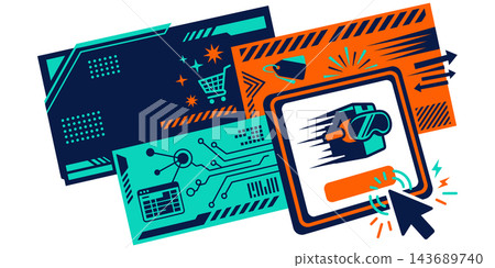 Abstract digital background featuring colorful banners and shopping icons designed for a promotional cyber monday online retail sales event Abstract digital background featuring colorful banners and shopping icons designed for a promotional cyber monday online retail sales event 143689740