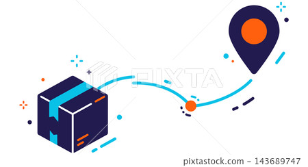 A conceptual illustration showing a parcel delivery box moving towards a destination pin for global cyber monday online shopping sales 143689747