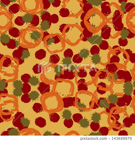 Seamless abstract floral pattern with hand painted brush stroke rings, berry red dots, olive splashes and warm golden background, designed for wallpaper, textile, wrapping and decorative surfaces. Seamless abstract floral pattern with hand painted brush stroke rings, berry red dots, olive splashes and warm golden background, designed for wallpaper, textile, wrapping and decorative surfaces. 143689979