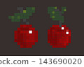 Pixel cherry pair with green leaves on dark brown background in retro vector style 143690020