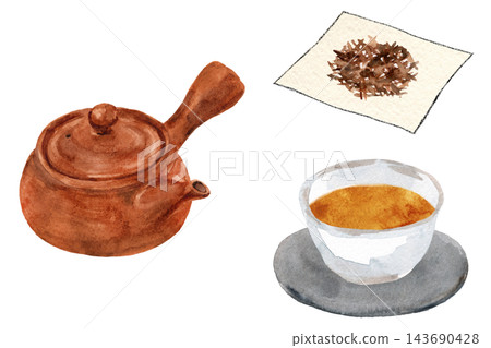 棕色茶壺,茶杯裡的烤綠茶,以及紙上的茶葉-手繪水彩插圖。 棕色茶壺,茶杯裡的烤綠茶,以及紙上的茶葉-手繪水彩插圖。 143690428