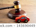 Car accident lawsuit and insurance, Judge hammer with car model. 143690449