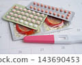 Pregnancy test and condom for female on calendar, ovulation day. 143690453