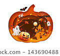 Happy Halloween vector, Paper cut design elements, Greeting card poster concept yellow and orange background, 143690488