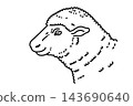 A New Year's card template featuring a sheep's profile drawn with black lines. 143690640