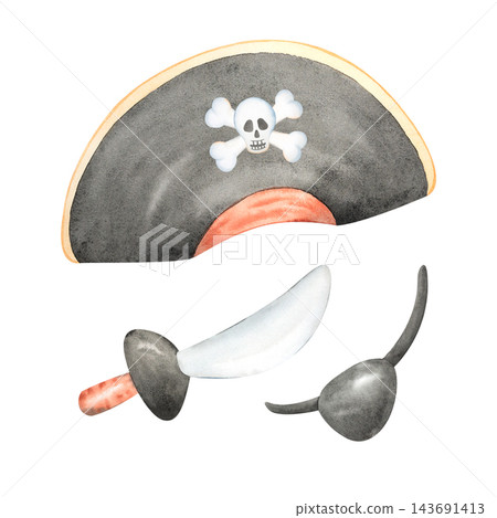 Watercolor accessories for a Halloween pirate costume. A cartoon-style black hat with a skull, an eye patch, and a cutlass all hand-painted. A set of elements for a pirate-themed birthday party. Watercolor accessories for a Halloween pirate costume. A cartoon-style black hat with a skull, an eye patch, and a cutlass all hand-painted. A set of elements for a pirate-themed birthday party. 143691413