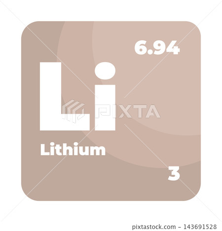 Lithium chemical element illustration with symbol Li and atomic number 3. Alkali metal icon. Chemistry, periodic table, science education and STEM concept Lithium chemical element illustration with symbol Li and atomic number 3. Alkali metal icon. Chemistry, periodic table, science education and STEM concept 143691528