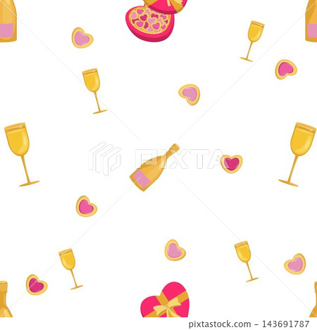 Cute seamless pattern featuring glasses, a bottle, and chocolates in a playful hand-drawn vector style. Perfect for wrapping paper, packaging, greeting cards, invitations, textiles, and festive design Cute seamless pattern featuring glasses, a bottle, and chocolates in a playful hand-drawn vector style. Perfect for wrapping paper, packaging, greeting cards, invitations, textiles, and festive design 143691787